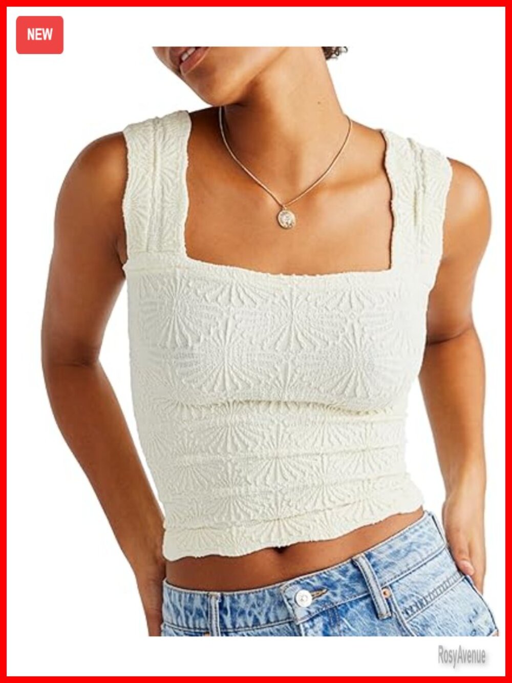 Square Neck Wide Strap Crop Tank Top Slim Fit Lettuce Trim Flower Cami